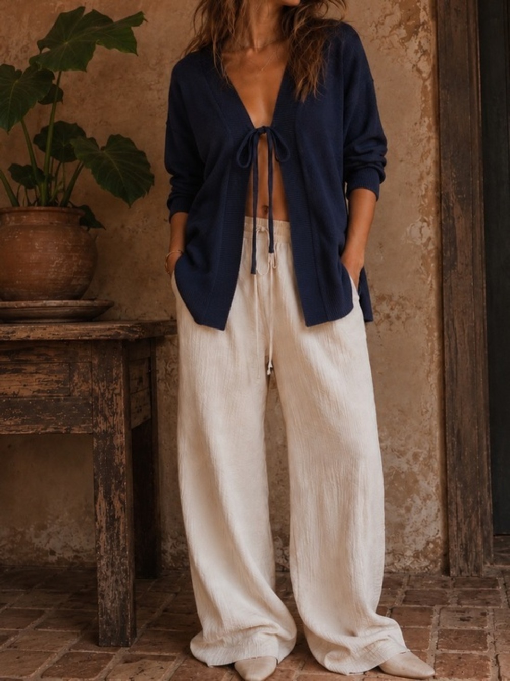 Free people free-est navy blue solar tie front relaxed fit cardigan sweater